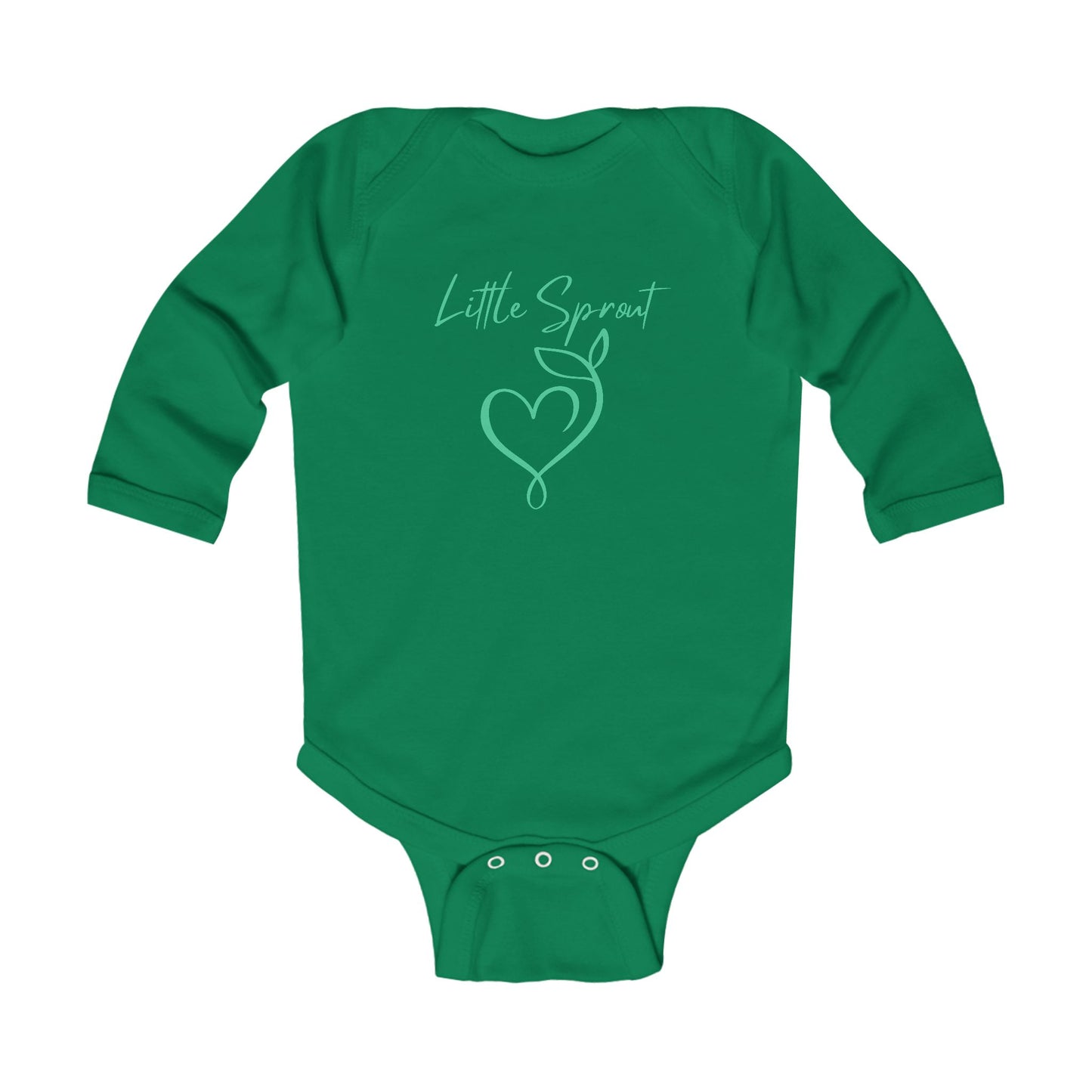 This adorable super soft infant onesie features the words 'little sprout' with a heart and two leaf stem design on the front, creating a cute and playful vibe.