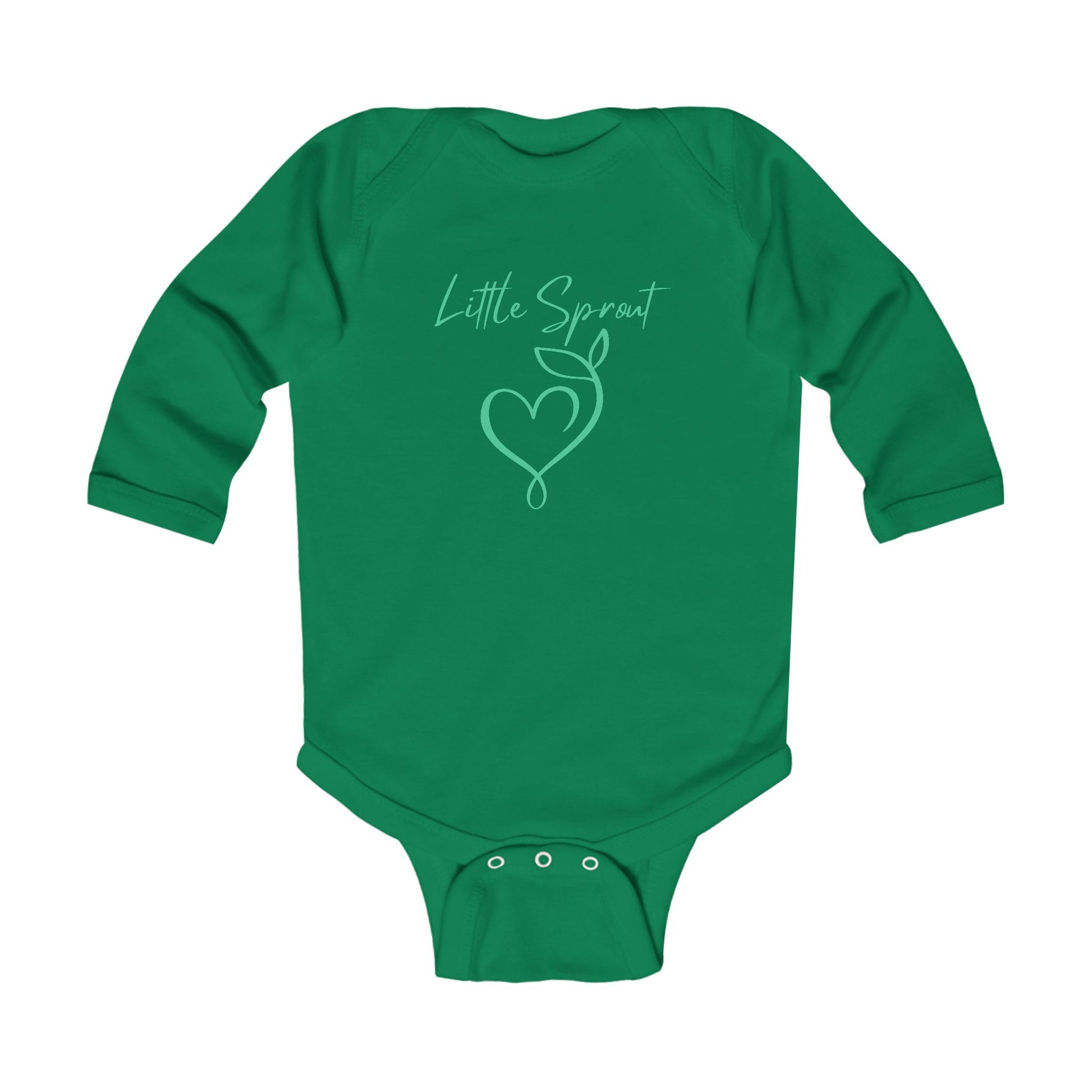This adorable super soft infant onesie features the words 'little sprout' with a heart and two leaf stem design on the front, creating a cute and playful vibe.