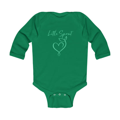 This adorable super soft infant onesie features the words 'little sprout' with a heart and two leaf stem design on the front, creating a cute and playful vibe.