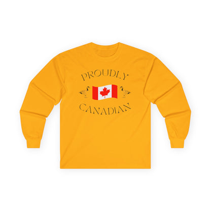 On the front of this Canadian made unisex custom long sleeve t-shirt are the words Proudly Canadian in large font with an image of a Canadian flag in the center, there are two Canadian geese on either side of the flag.
