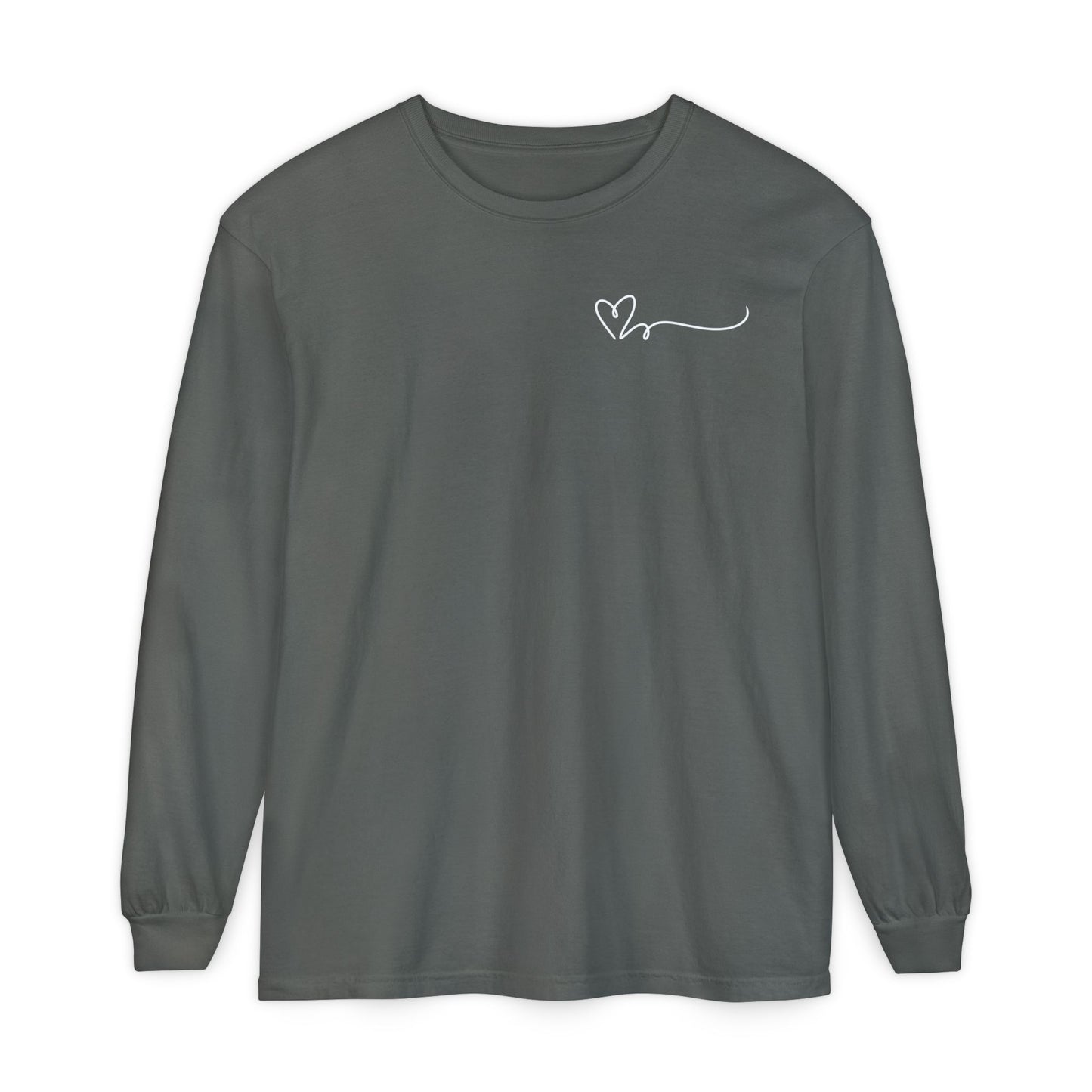 On the top right chest of this custom long sleeve t-shirt is a heart with a trail behind it signifying a heartbeat that you would see on a heart monitor. Perfect for health care workers and teachers.