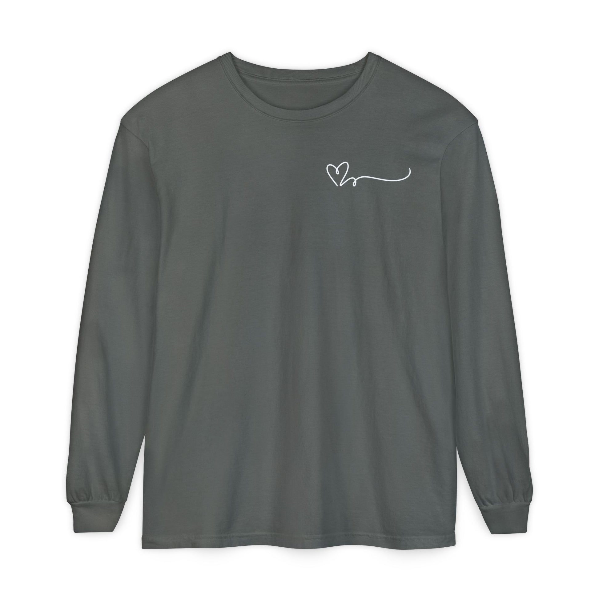 On the top right chest of this custom long sleeve t-shirt is a heart with a trail behind it signifying a heartbeat that you would see on a heart monitor. Perfect for health care workers and teachers.