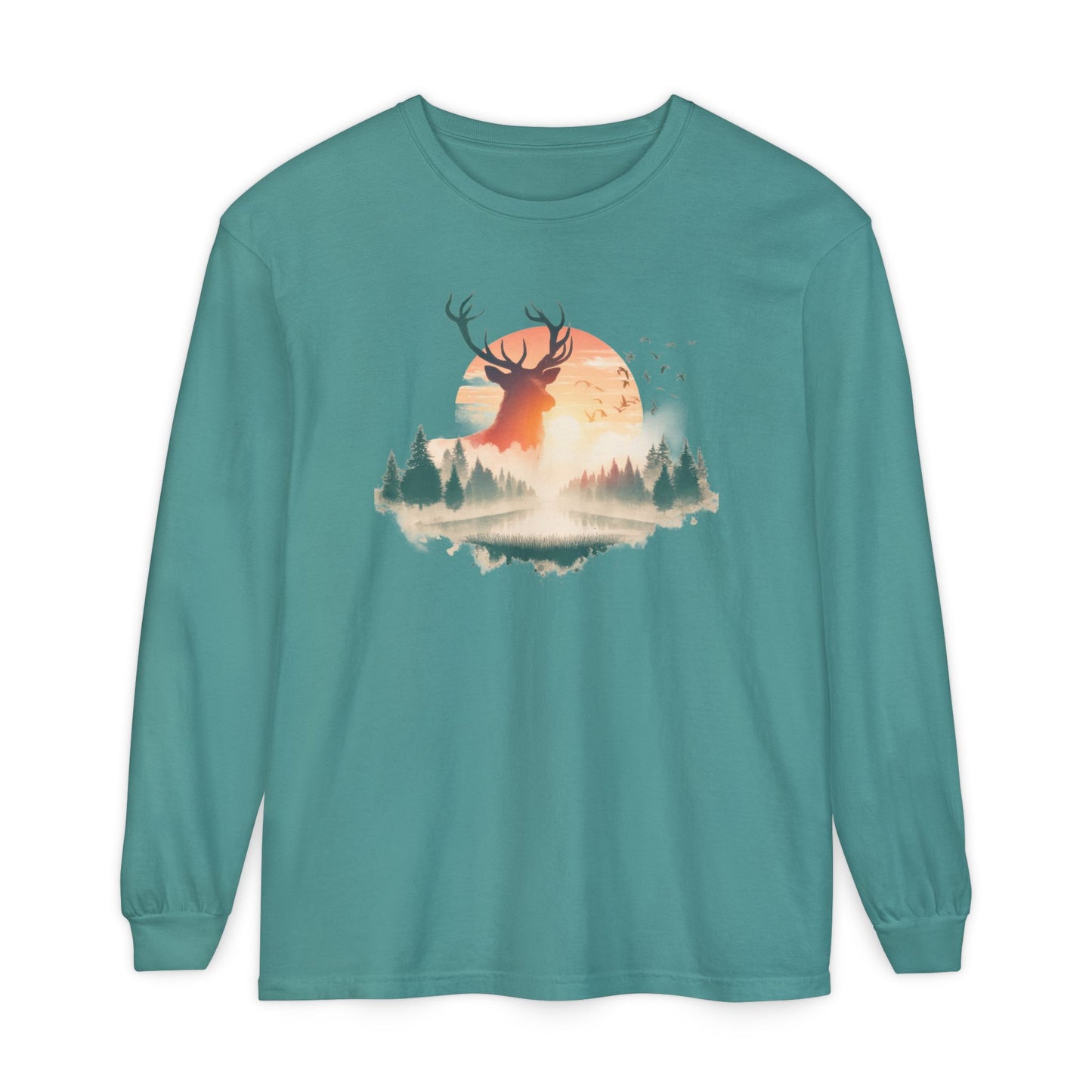 On the front of this custom unisex long sleeve shirt is beautiful landscape at dawn, there is a river in the middle with pine trees on either side, the sun is setting in the background with a large elk in the distance standing in front of the sun.