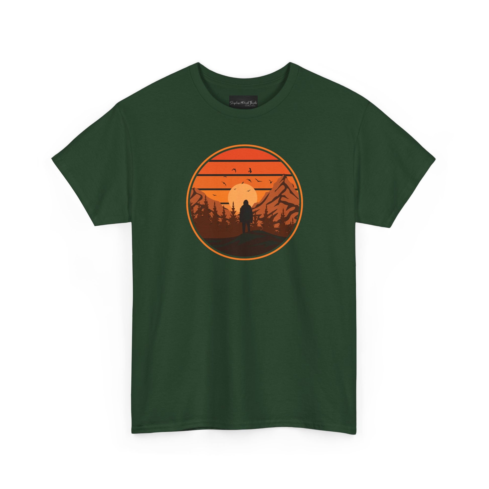 On the front of this custom tee is a large circle on the center of the chest that has an image of bigfoot right in the middle, there is a sun setting with mountain ranges and pine trees in the background.