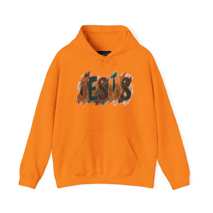 On the front of this Christian hoodie is the name Jesus is large bubble letters with each letter being a different Autumn color, this sweater is perfect for fall time.