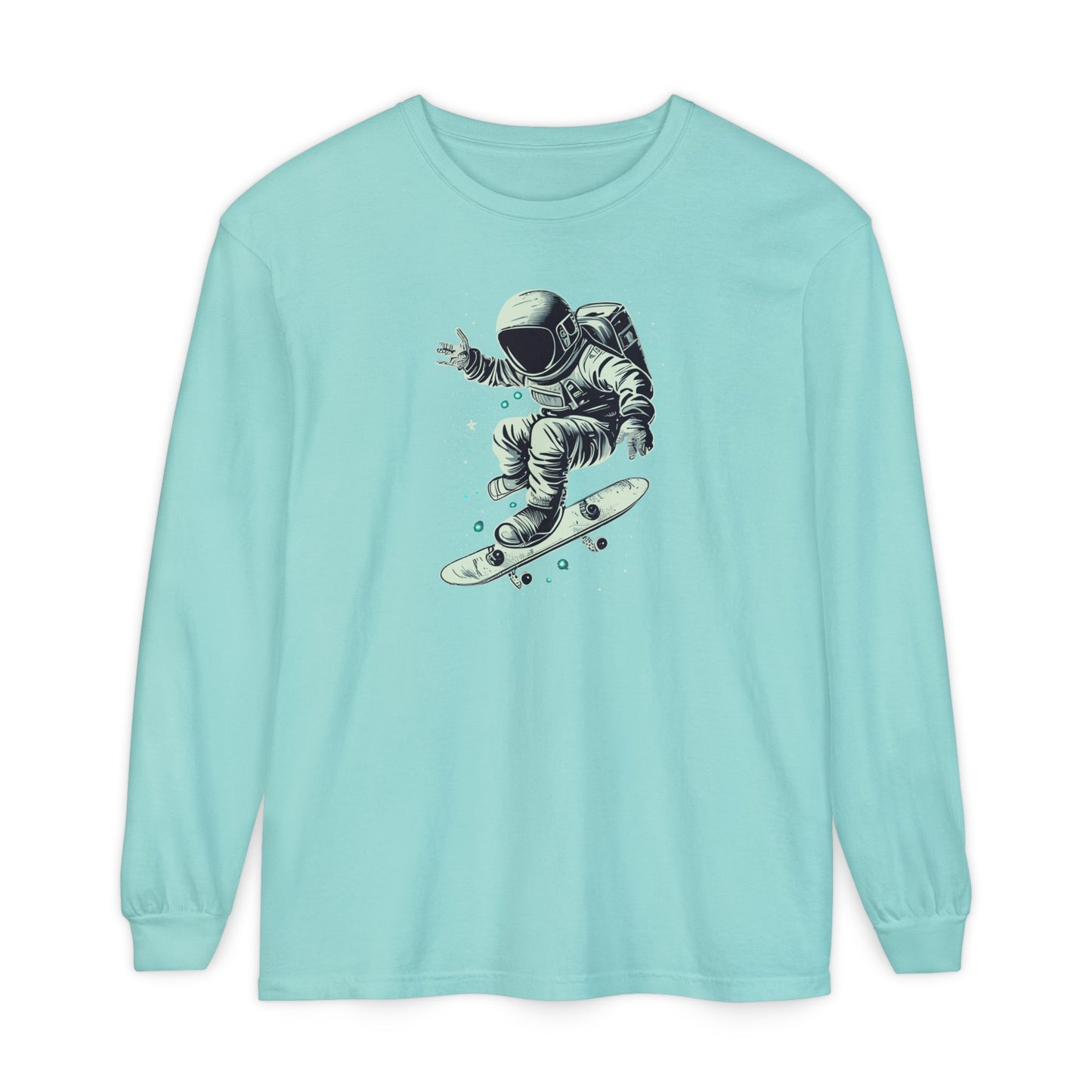 On the front of this custom unisex long sleeve shirt is an image of an astronaut riding a skateboard, there are a bunch of stars around the astronaut.