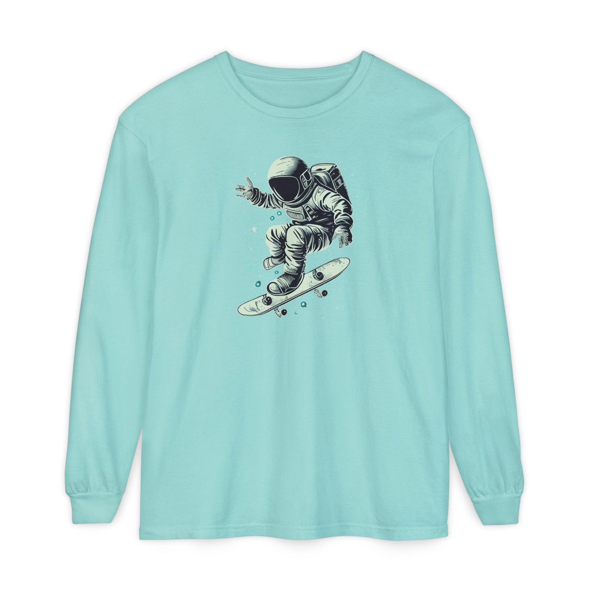 On the front of this custom unisex long sleeve shirt is an image of an astronaut riding a skateboard, there are a bunch of stars around the astronaut.
