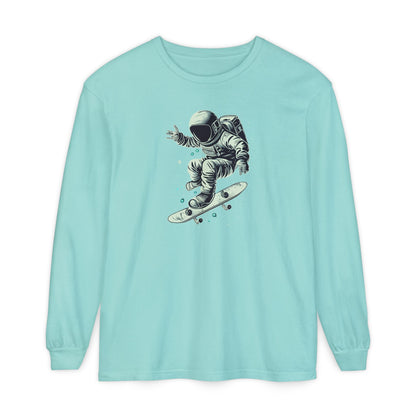 On the front of this custom unisex long sleeve shirt is an image of an astronaut riding a skateboard, there are a bunch of stars around the astronaut.