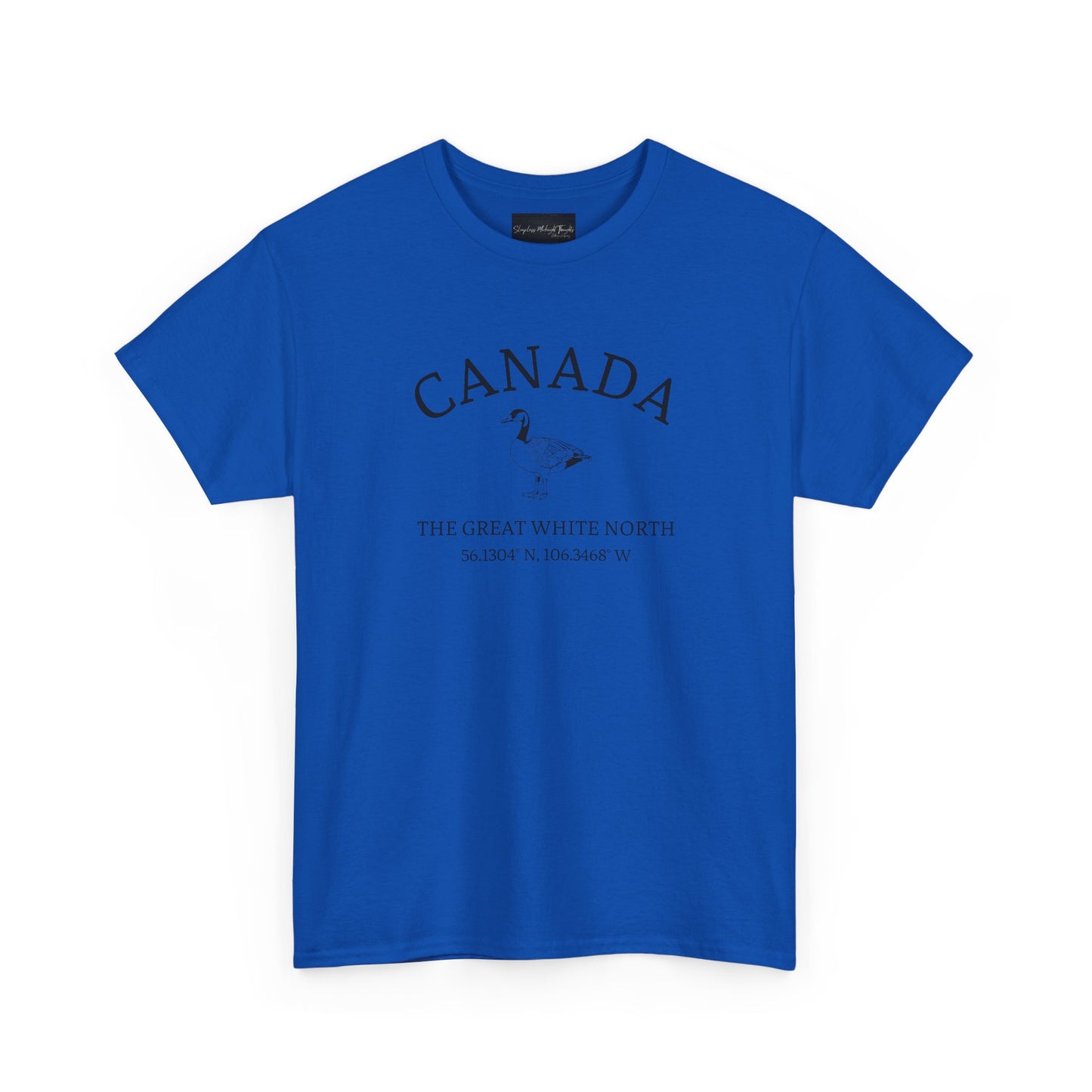On the front of this patriotic short sleeve shirt is an image of a Canadian Goose with the word Canada above it in a half circle, the words "The Great White North" are underneath the image with Canada's coordinates underneath that.