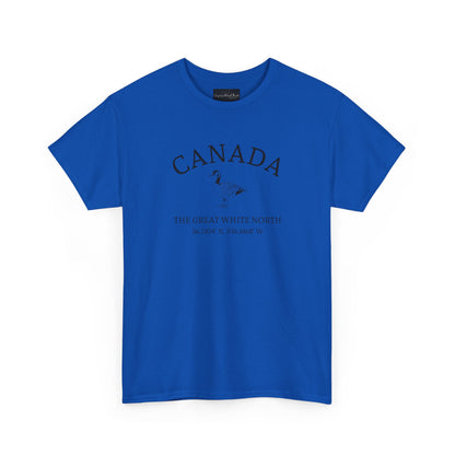 On the front of this patriotic short sleeve shirt is an image of a Canadian Goose with the word Canada above it in a half circle, the words "The Great White North" are underneath the image with Canada's coordinates underneath that.