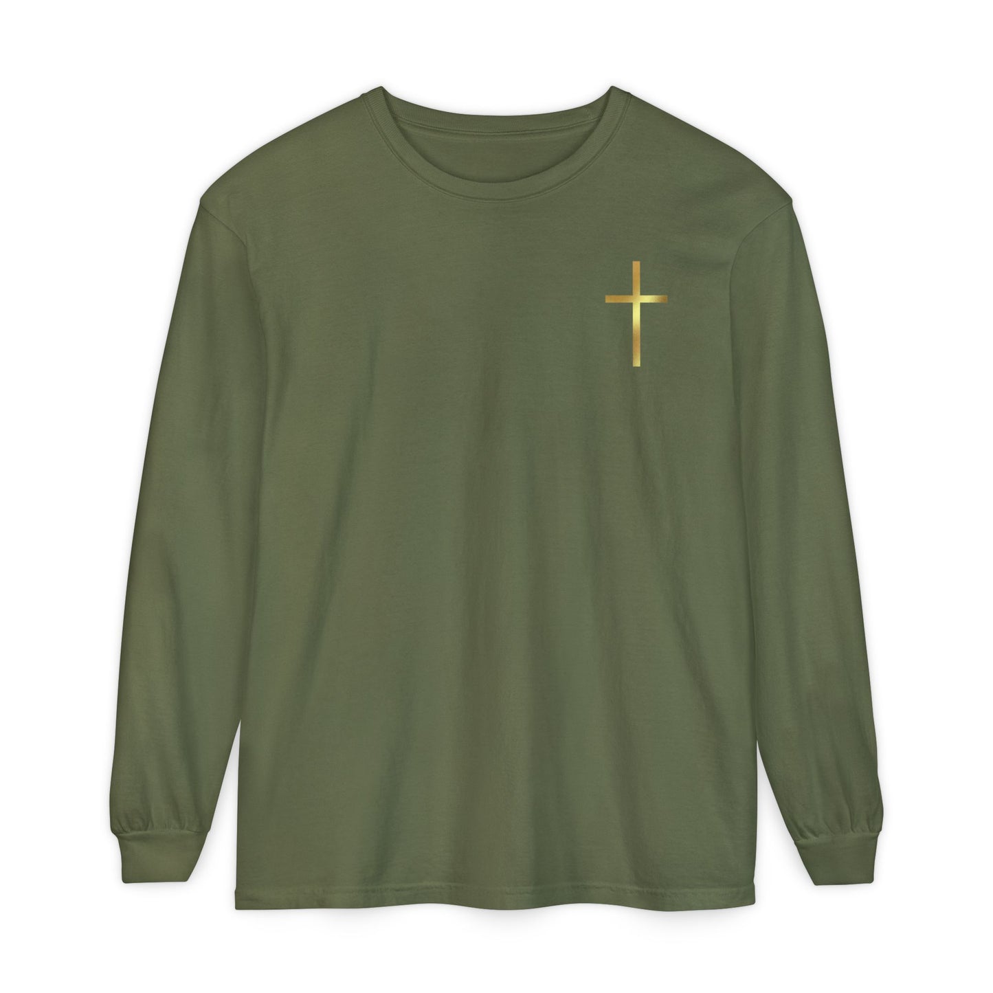 On the front of this custom Christian long sleeve shirt is a gold cross over the top left chest of the shirt.