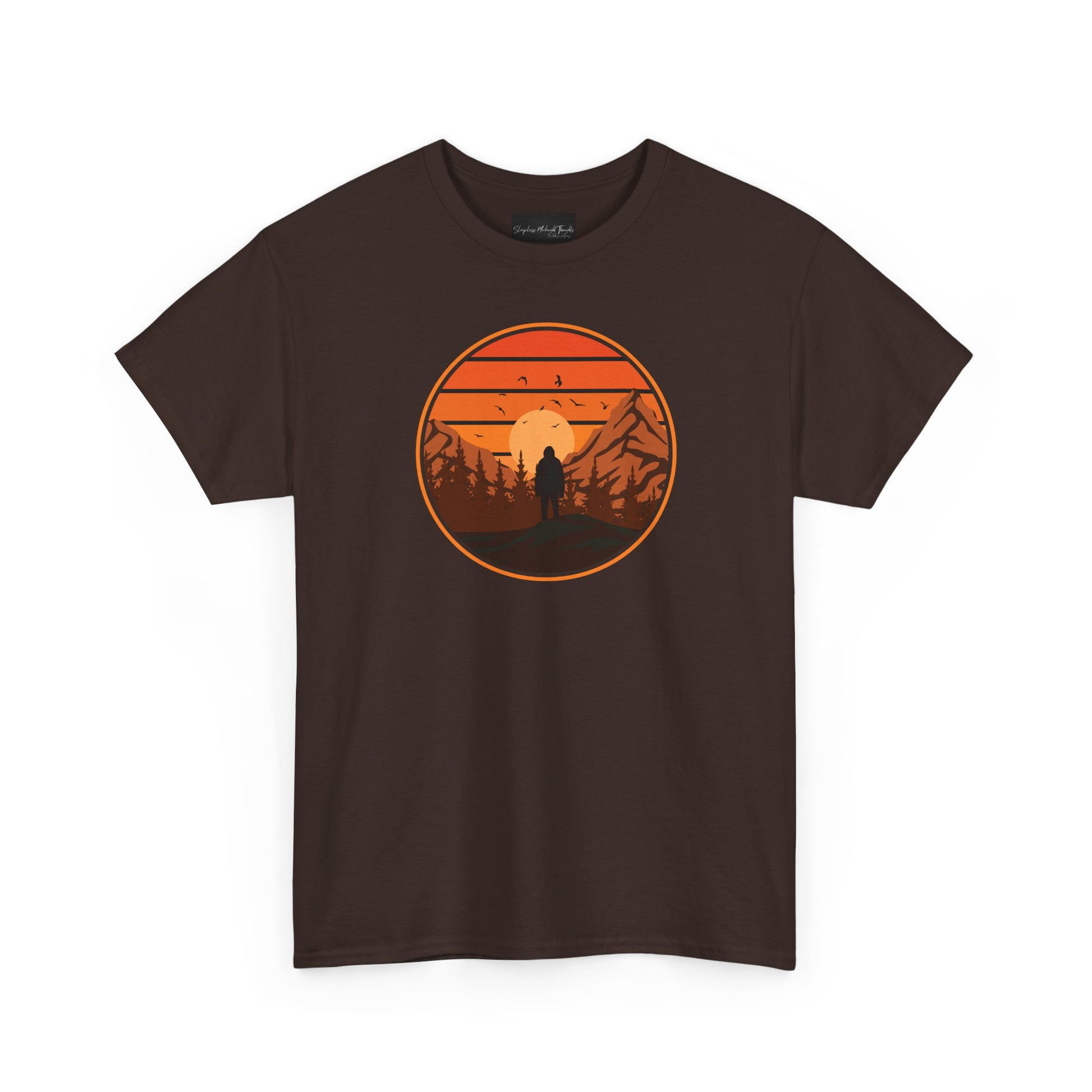On the front of this custom tee is a large circle on the center of the chest that has an image of bigfoot right in the middle, there is a sun setting with mountain ranges and pine trees in the background.