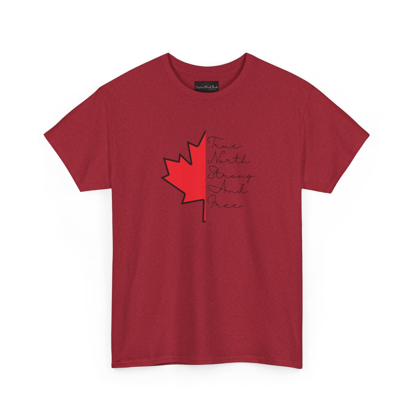 This custom handmade Canadian shirt comes with a maple leaf on the front center of the shirt, the words true north strong and free are in cursive on the other side of the maple leaf.
