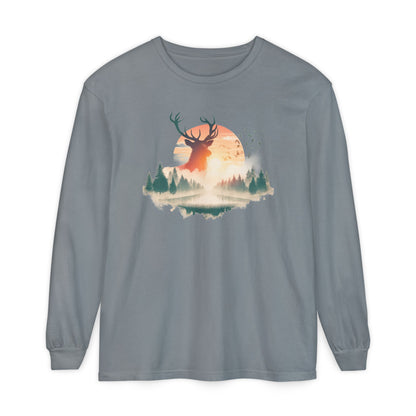 On the front of this custom unisex long sleeve shirt is beautiful landscape at dawn, there is a river in the middle with pine trees on either side, the sun is setting in the background with a large elk in the distance standing in front of the sun.