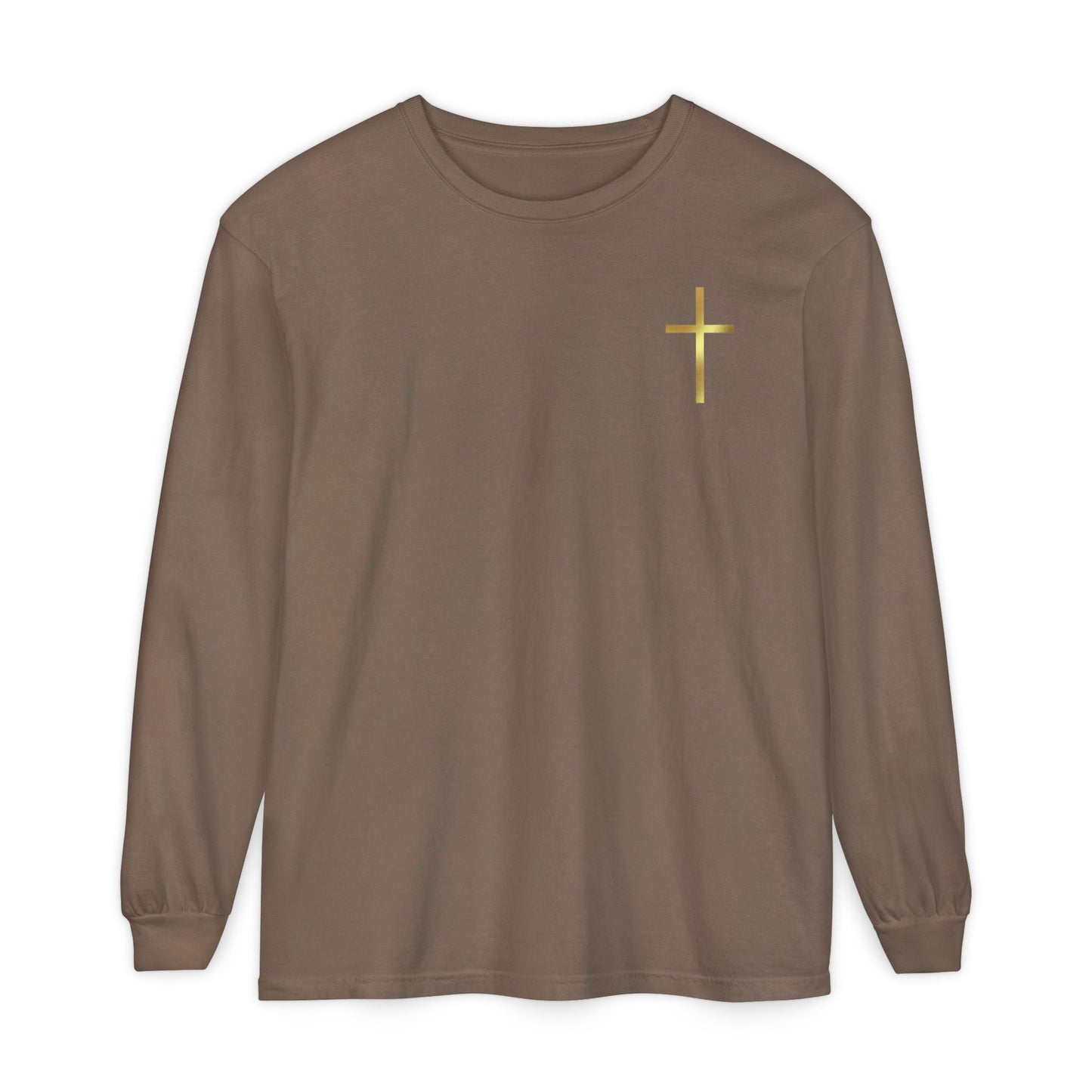 On the front of this custom Christian long sleeve shirt is a gold cross over the top left chest of the shirt.