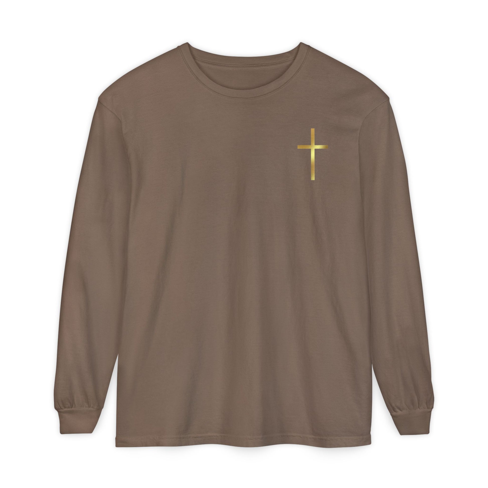 On the front of this custom Christian long sleeve shirt is a gold cross over the top left chest of the shirt.