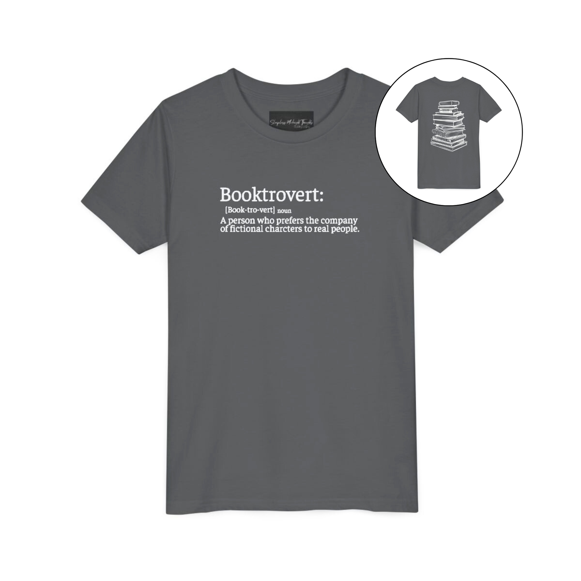 On the front of this custom youth t-shirt it says the word Booktrovert in large letter with the meaning of the words underneath it, on the back of the shirt is an image of a large stack of books.