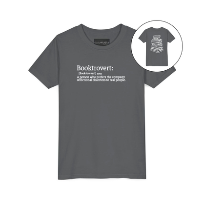 On the front of this custom youth t-shirt it says the word Booktrovert in large letter with the meaning of the words underneath it, on the back of the shirt is an image of a large stack of books.