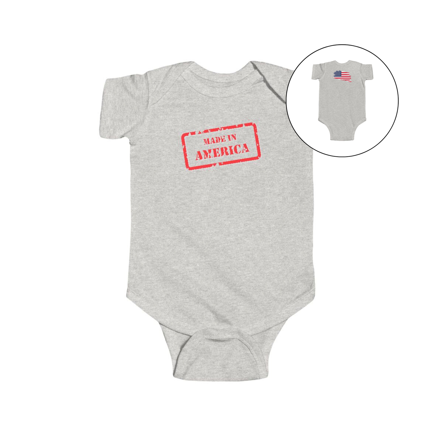 On the front of this custom baby onesie are the words Made In America in a rectangular box that makes it look like a stamp, on the back of this bodysuit is the American flag.