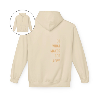 On the back of this Christian hoodie along the right side are the words Do what makes God Happy, every different color of hoodie has a different color of font.