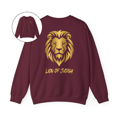 On the front of this custom Christian sweater is a gold Jesus cross on the front left chest, on the back of the pullover is a large gold male lion head with the words Lion of Judah in gold underneath the animal head.