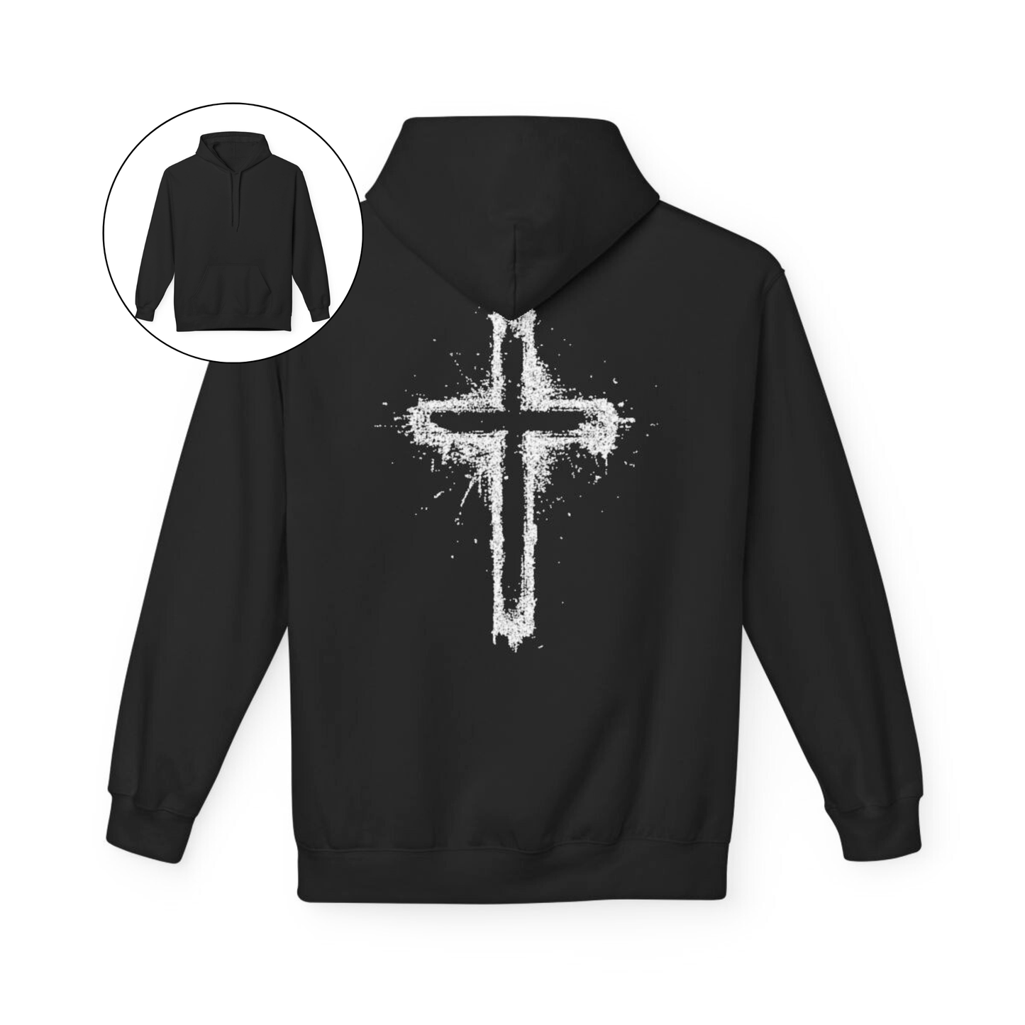 On the back of this Christian hoodie is a large spray painted Jesus cross that takes up the entire back of the sweater.