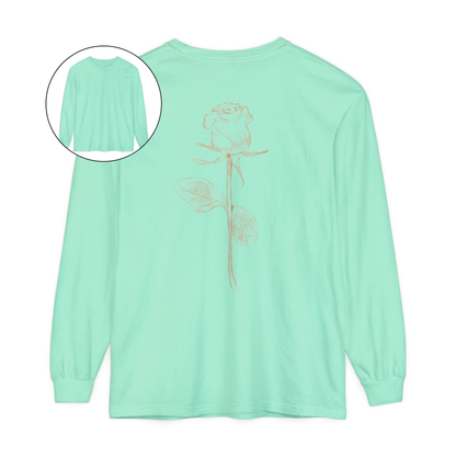 On the back of this custom women's long sleeve tee is a beige colored long stem rose that is the length of the shirt