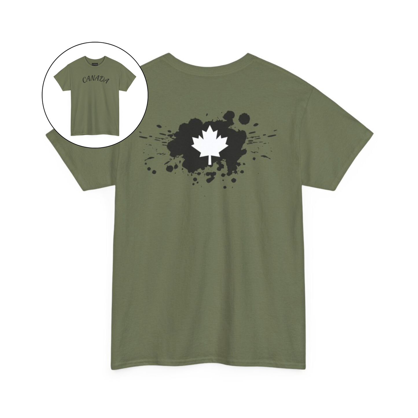On the front of this custom short sleeve shirt is the word Canada in large letters across the chest, on the back of the shirt in between the shoulder blades is a large paint splatter with a maple leaf in the middle.