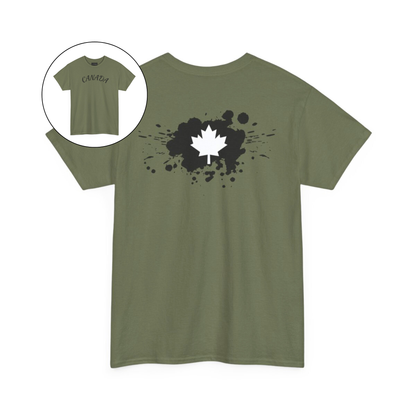On the front of this custom short sleeve shirt is the word Canada in large letters across the chest, on the back of the shirt in between the shoulder blades is a large paint splatter with a maple leaf in the middle.