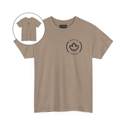On the front of this custom short sleeve shirt is a circle on the upper left chest of the shirt with the words Made In Canada with a maple leaf in the middle, on the back of the shirt is a maple leaf right in between the shoulder blades.