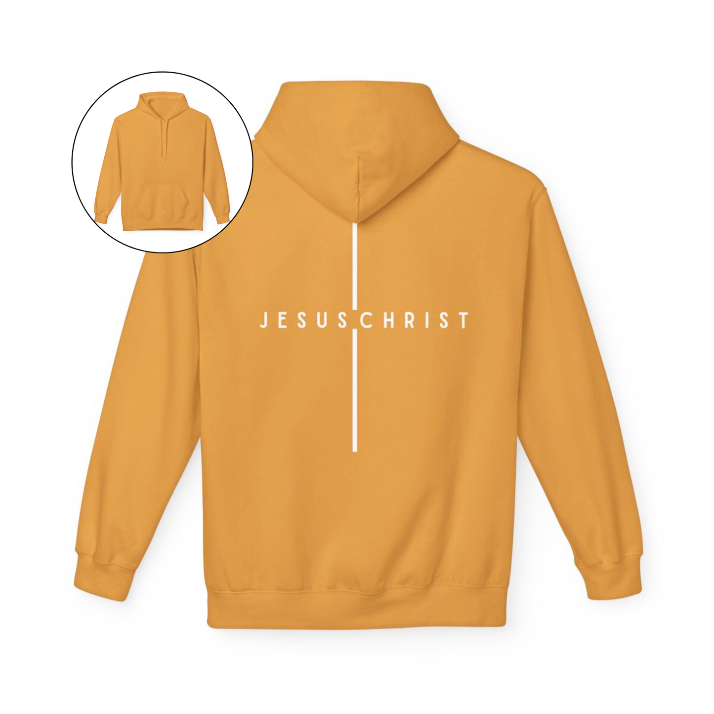 On the back of this custom Christian hoodie is the name Jesus Christ with a line above and below the name making it look like a cross.