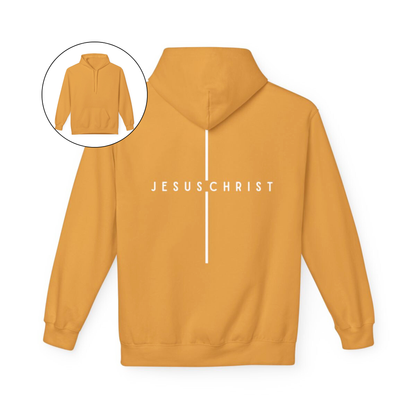 On the back of this custom Christian hoodie is the name Jesus Christ with a line above and below the name making it look like a cross.