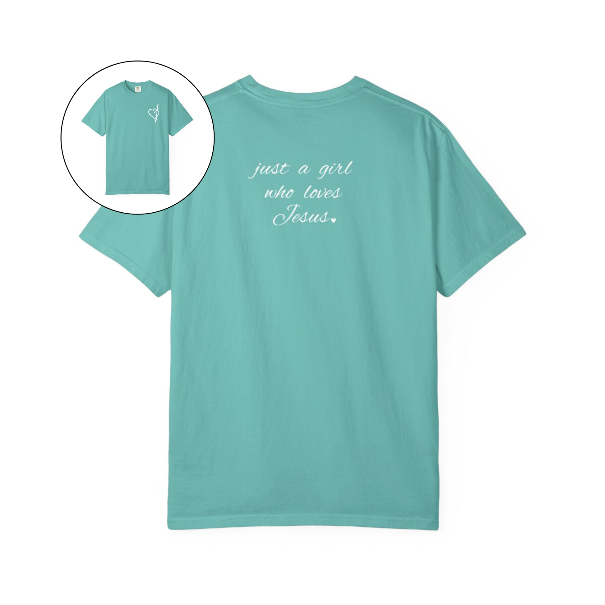 On the front of this custom women's Christian t-shirt is a heart with a cross through it, on the back top of the shirt right between the shoulder blades are the words just a girl who loves Jesus in a cursive writing.