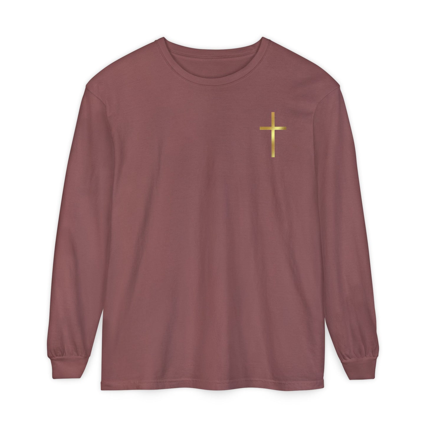 On the front of this custom Christian long sleeve shirt is a gold cross over the top left chest of the shirt.
