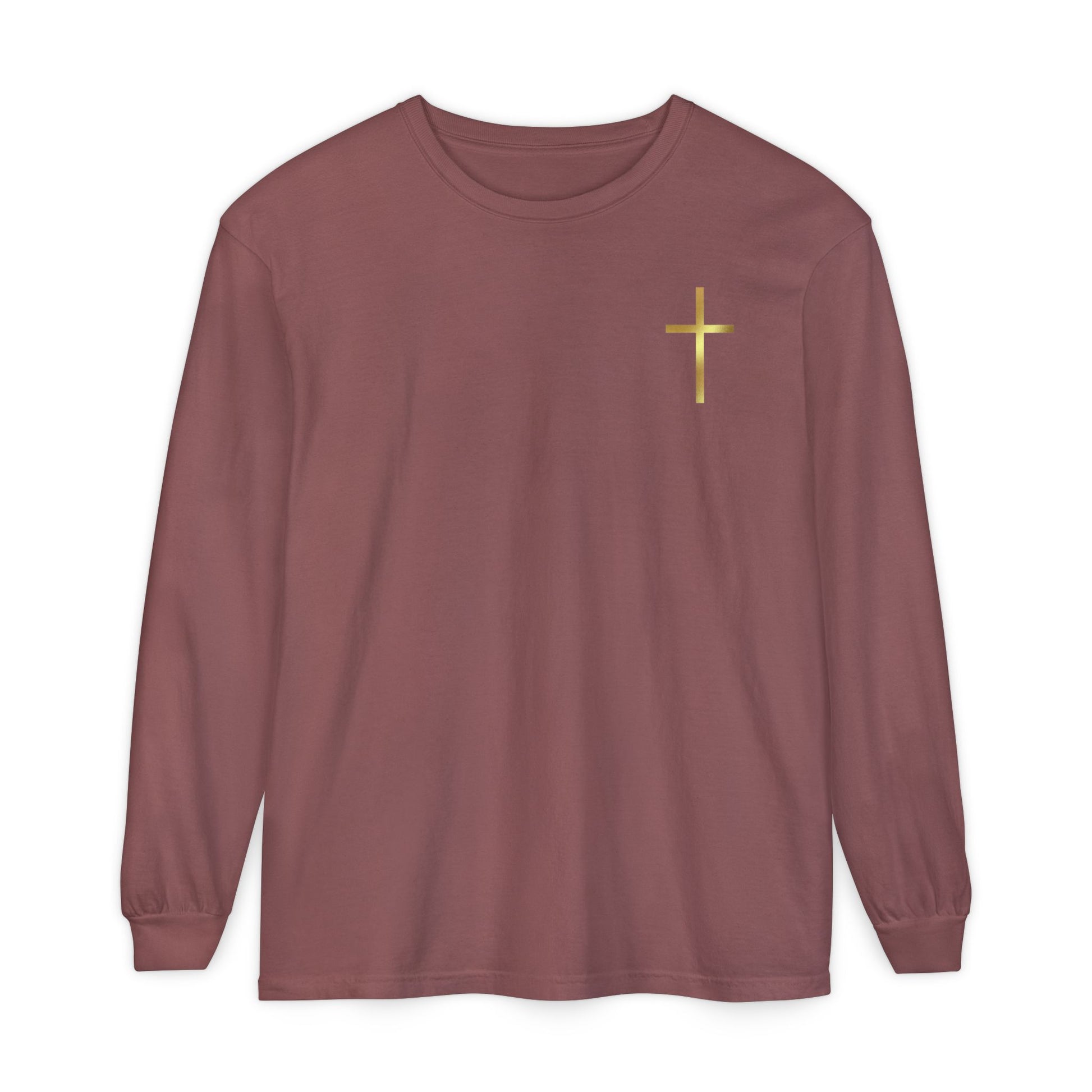 On the front of this custom Christian long sleeve shirt is a gold cross over the top left chest of the shirt.