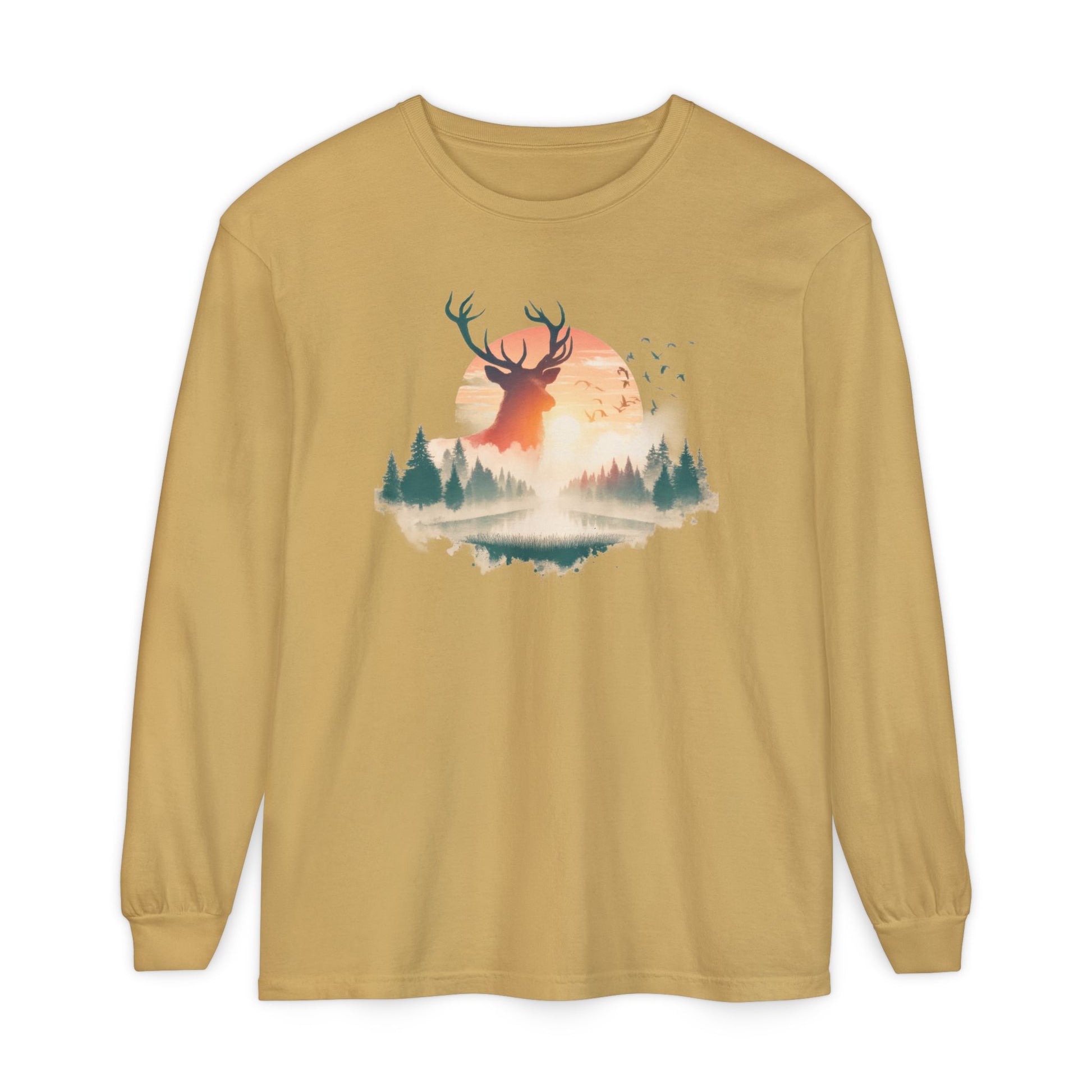 On the front of this custom unisex long sleeve shirt is beautiful landscape at dawn, there is a river in the middle with pine trees on either side, the sun is setting in the background with a large elk in the distance standing in front of the sun.