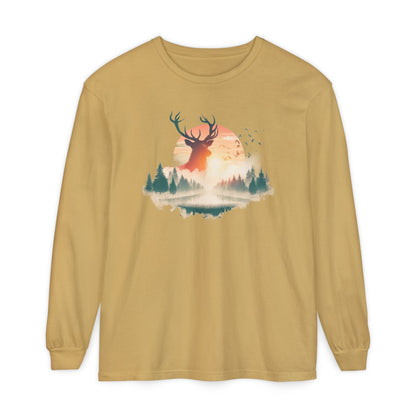 On the front of this custom unisex long sleeve shirt is beautiful landscape at dawn, there is a river in the middle with pine trees on either side, the sun is setting in the background with a large elk in the distance standing in front of the sun.