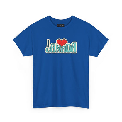 Blue t-shirt with 'I ❤️ Canada' text on a white background