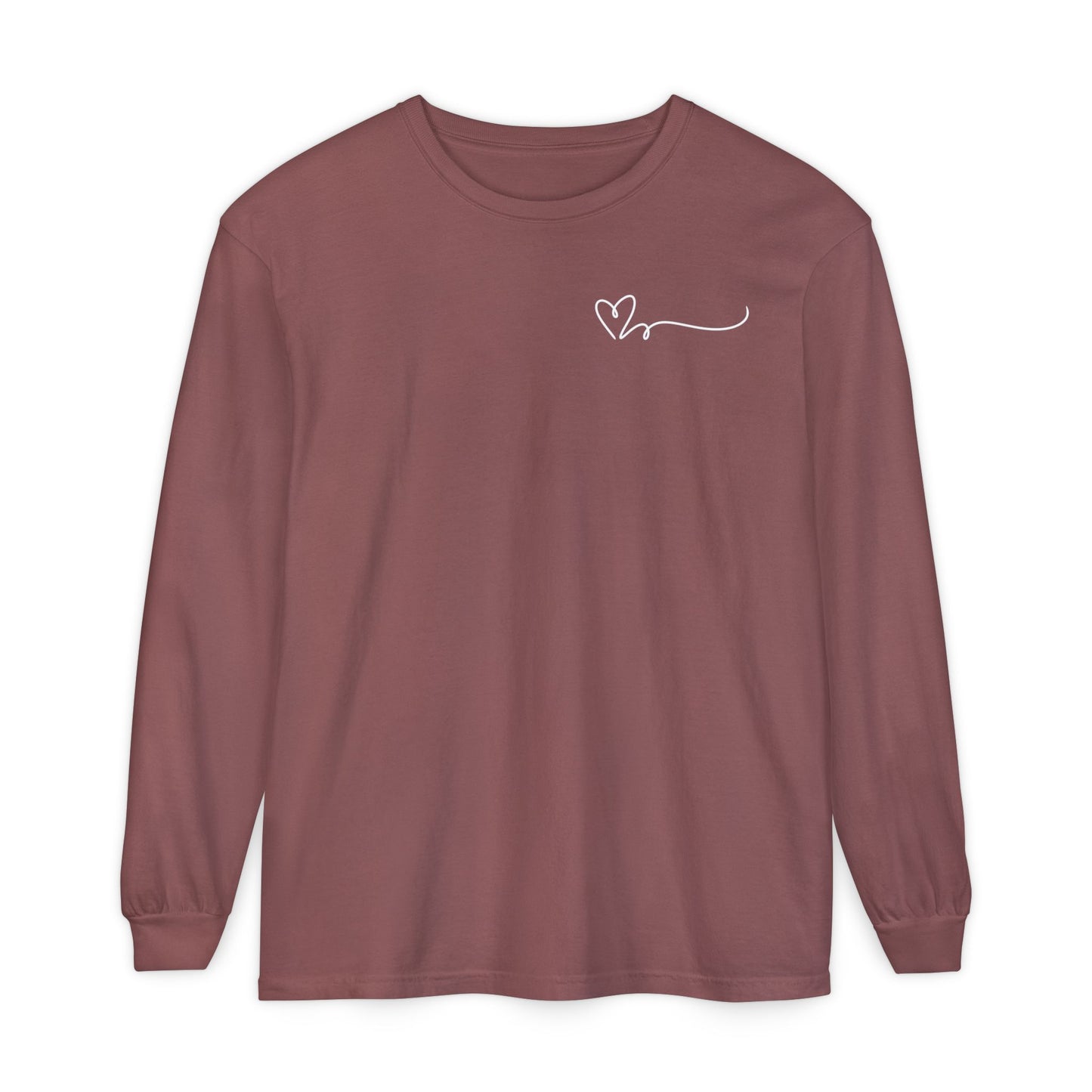 On the top right chest of this custom long sleeve t-shirt is a heart with a trail behind it signifying a heartbeat that you would see on a heart monitor. Perfect for health care workers and teachers.