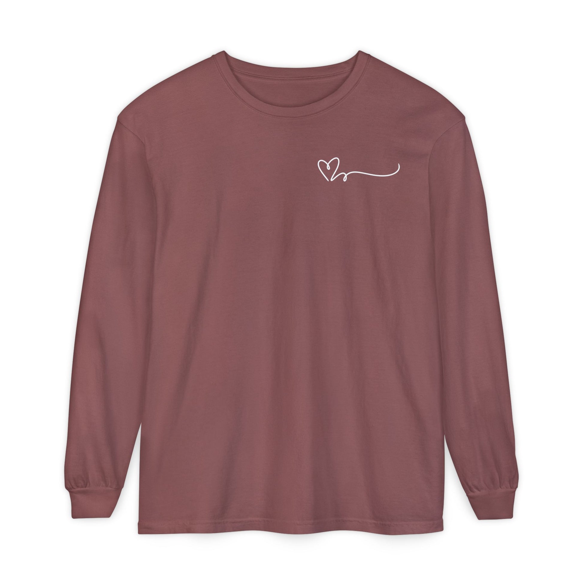 On the top right chest of this custom long sleeve t-shirt is a heart with a trail behind it signifying a heartbeat that you would see on a heart monitor. Perfect for health care workers and teachers.