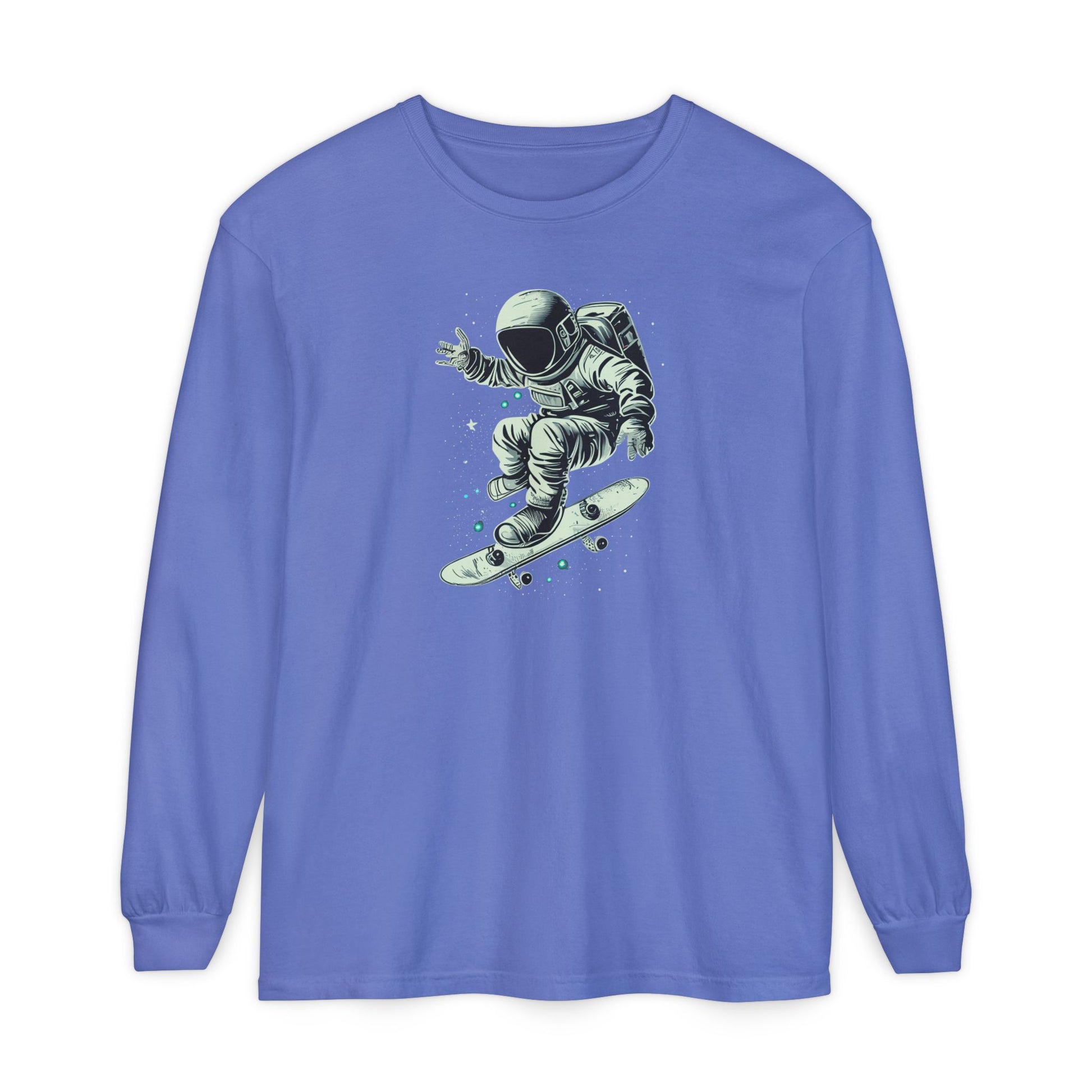 On the front of this custom unisex long sleeve shirt is an image of an astronaut riding a skateboard, there are a bunch of stars around the astronaut.
