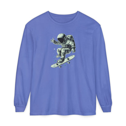 On the front of this custom unisex long sleeve shirt is an image of an astronaut riding a skateboard, there are a bunch of stars around the astronaut.