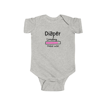 On the front of this custom infant onesie are the words Diaper loading please wait with an image of a battery life bar in pink.