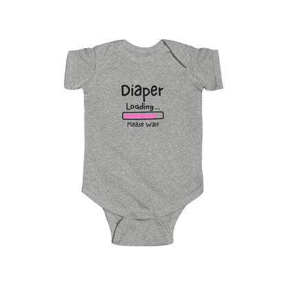 On the front of this custom infant onesie are the words Diaper loading please wait with an image of a battery life bar in pink.