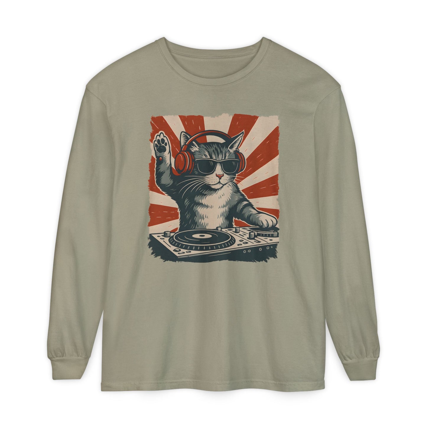 On the front of this custom retro long sleeve shirt is a DJ playing music, except the DJ is a cat that is wearing headphones, there is a vintage red and ivory background behind the cat.