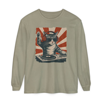 On the front of this custom retro long sleeve shirt is a DJ playing music, except the DJ is a cat that is wearing headphones, there is a vintage red and ivory background behind the cat.