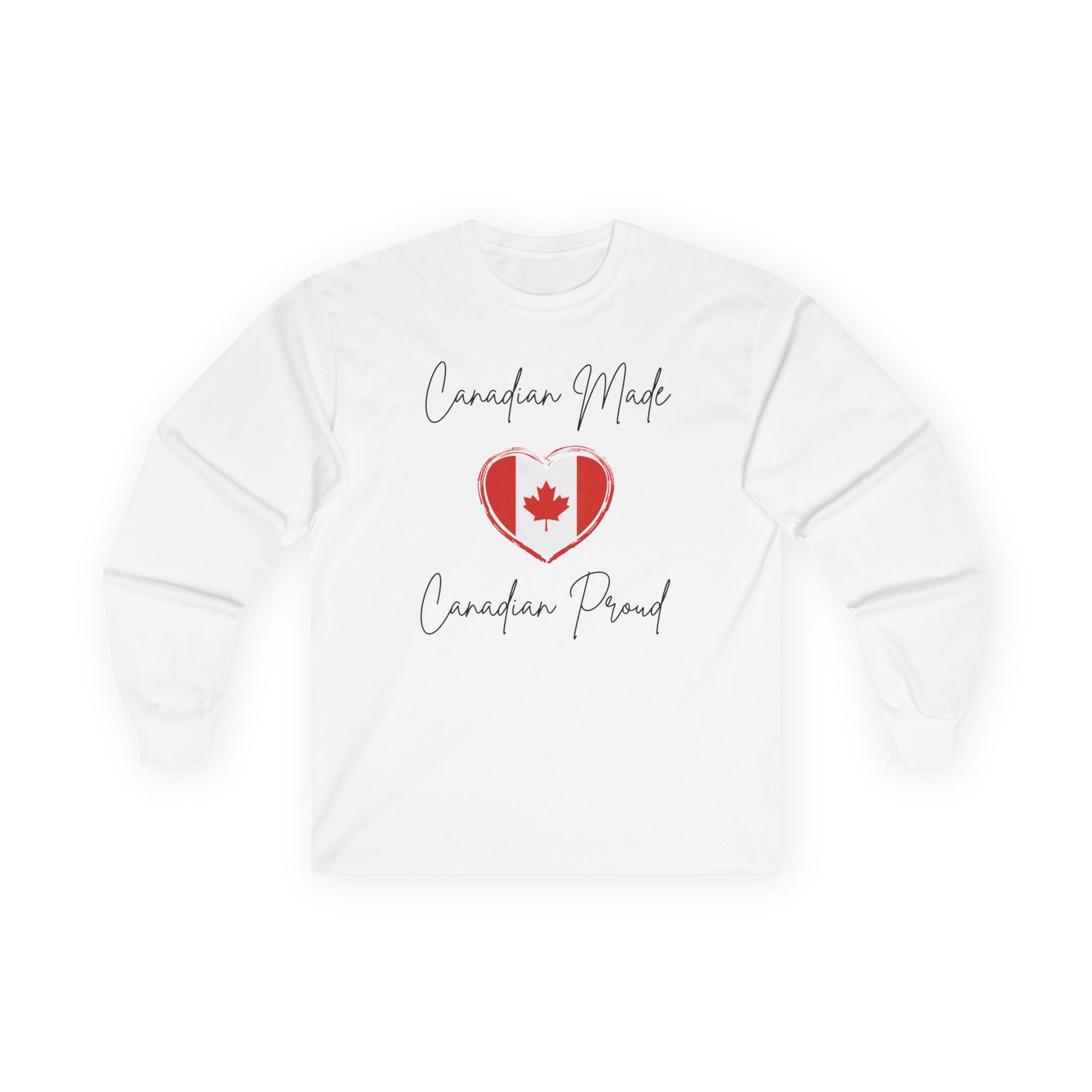 On the front of this custom Canadian patriotic long sleeve t-shirt are the words Canadian Made Canadian Proud in a beautiful cursive font, there is a Canadian flag in the middle that is in the shape of a heart.