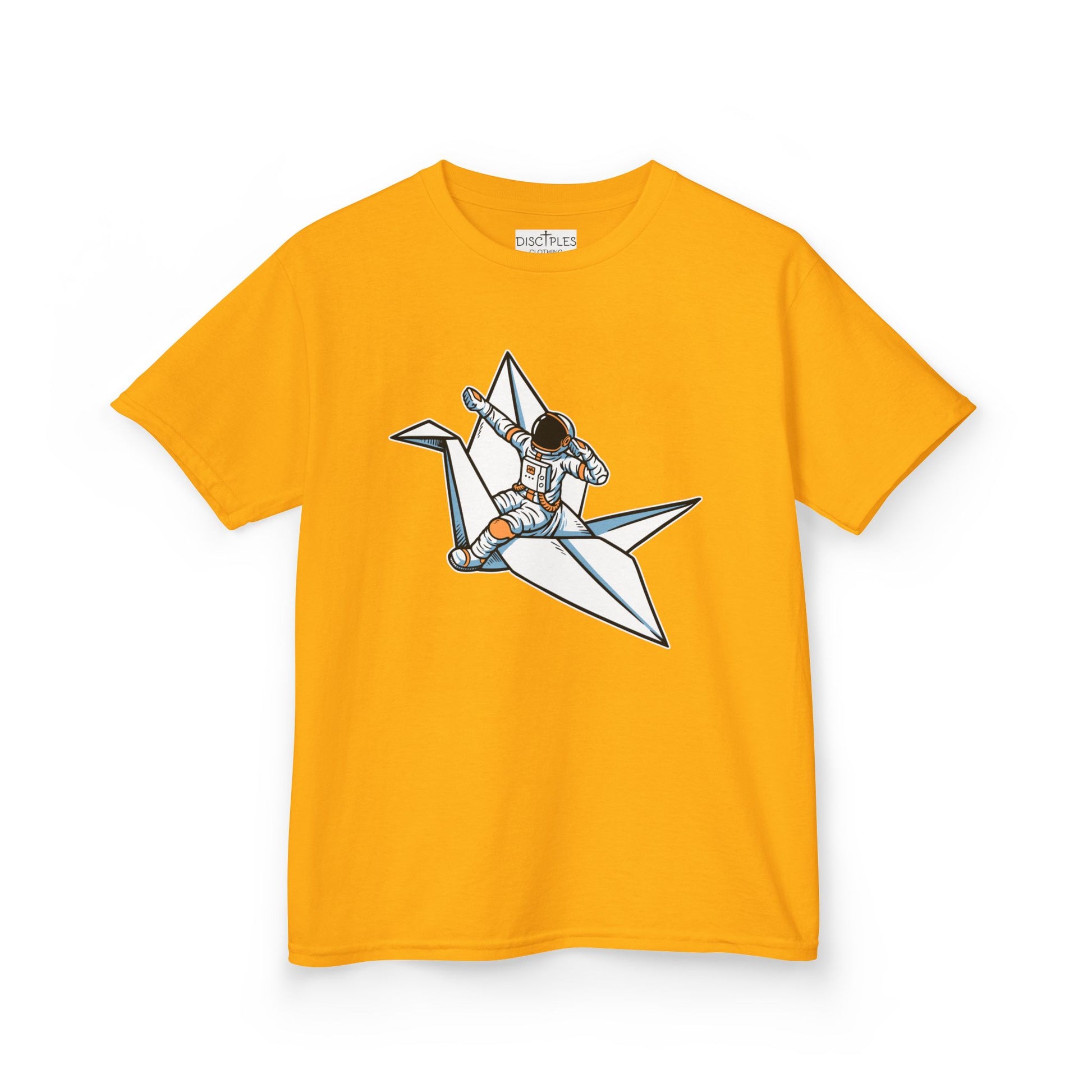 On the front of this custom kids t-shirt is an image of a astronaut flying on a paper plane.