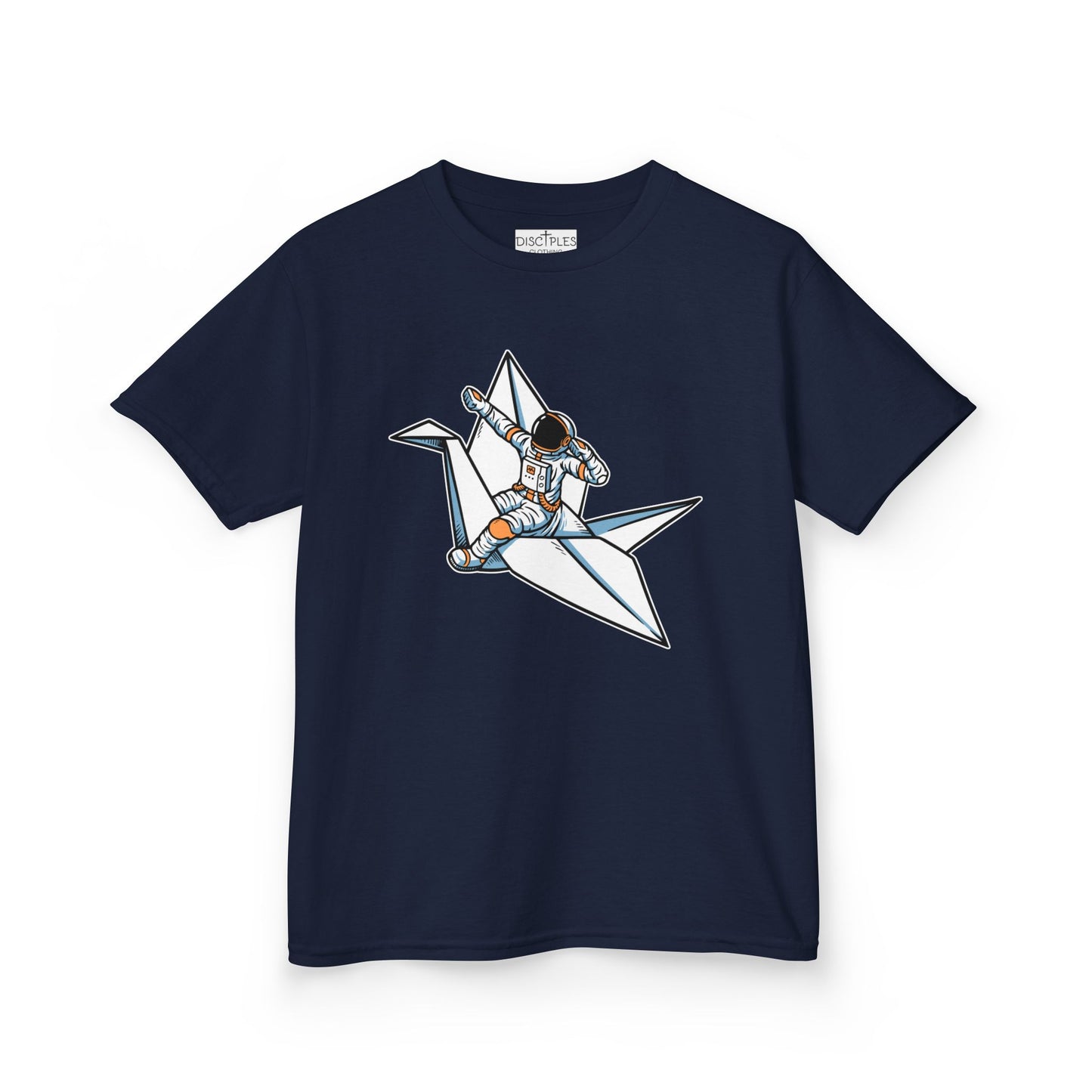 On the front of this custom kids t-shirt is an image of a astronaut flying on a paper plane.