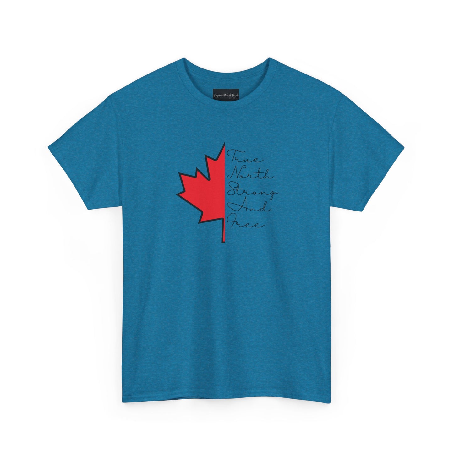 This custom handmade Canadian shirt comes with a maple leaf on the front center of the shirt, the words true north strong and free are in cursive on the other side of the maple leaf.
